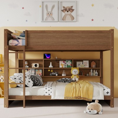 Sapphtopaz Wood Queen Size Bunk Bed with Charge Station&Built-in Storage Cabinet,Bed Frame with Ladder&Guardrail,Space-Saving Bed for Kids&Teen