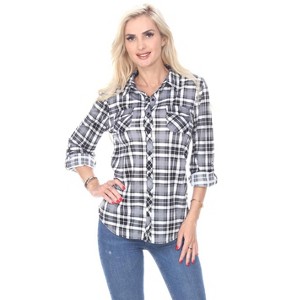 Women's Oakley Stretchy Plaid Tunic Top with Pockets - White Mark - 1 of 3