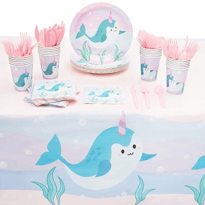 Blue Panda 145-Piece Serves 24 Narwhal Party Supplies - Disposable Plate, Napkin, Cup & Cutlery
