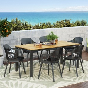 Christopher Knight Home Lorena Outdoor Acacia Wood and Resin 7 Piece Dining Set with 71" Dining Table, Black and Teak - 1 of 4