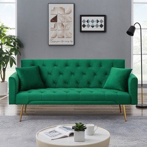 MYINDA Velvet Futon Reclining Sofa Bed with 2 Pillows for Living Room, Convertible 3 Adjustable Sofa Couch with Metal Legs for Small Spaces - 1 of 4