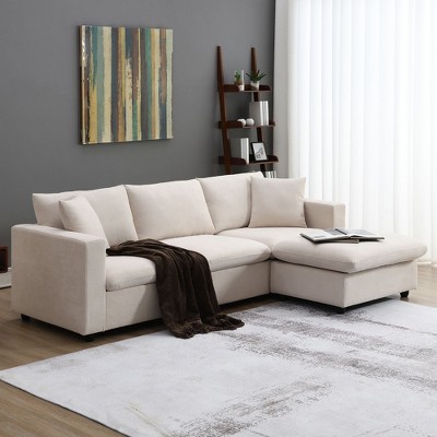 Modern L-Shaped Sectional Sofa: 4-Seat Polyester Fabric Couch with Convertible Ottoman & 2 Free Pillows