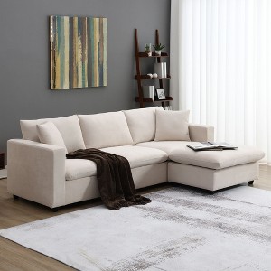 Modern L-Shaped Sectional Sofa: 4-Seat Polyester Fabric Couch with Convertible Ottoman & 2 Free Pillows - 1 of 4