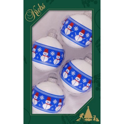 Christmas by Krebs 4ct Porcelain White and Blue Glass Stitched Snowman Band Christmas Ball Ornaments 2.5" (60mm)