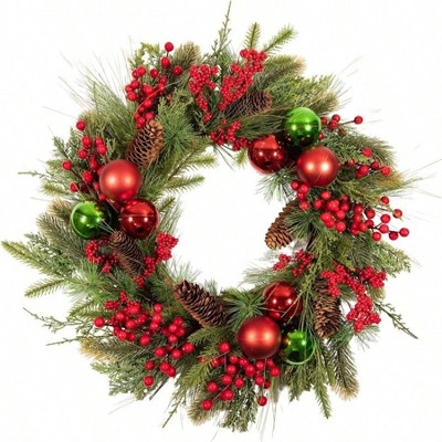24 Inch Wreaths Front Door Classic Red and Green Farmhouse Xmas Wreath with Large Pinecones Red Berries Balls