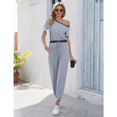 Women's Off Shoulder Jumpsuit Stretchy Airport Outfits Jogger Pants Jumpsuit with Pocket