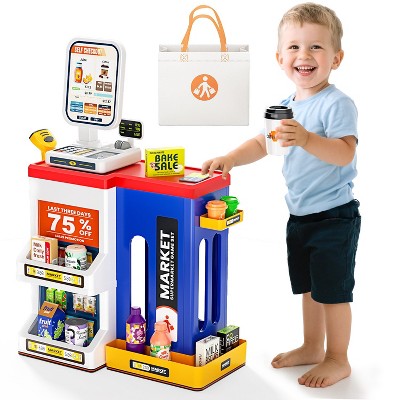 Skirfy 47 Pcs Cash Register Toys with Light and Sound, Pretend Calculator, Scanners, Preschool Gifts for Toddlers Boys and Girls, Blue
