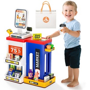 Skirfy 47 Pcs Cash Register Toys with Light and Sound, Pretend Calculator, Scanners, Preschool Gifts for Toddlers Boys and Girls, Blue - 1 of 4