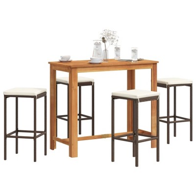 vidaXL 5-Piece Patio Bar Set - Acacia Wood Table & Poly Rattan Bar Stools with Cushions, Brown/Cream for Outdoor Dining