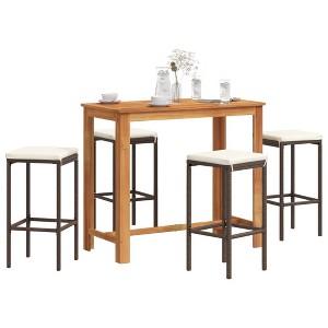 vidaXL 5-Piece Patio Bar Set - Acacia Wood Table & Poly Rattan Bar Stools with Cushions, Brown/Cream for Outdoor Dining - 1 of 4