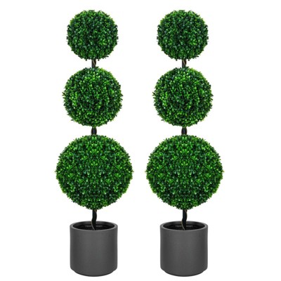 4FT Triple Ball Topiary Artificial Tree Three-Ball Faux Shrubs Plant Realistic Silk Tree with Gray Pot for Home or Office Outdoor Decoration Set of 2