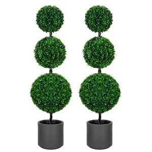 4FT Triple Ball Topiary Artificial Tree Three-Ball Faux Shrubs Plant Realistic Silk Tree with Gray Pot for Home or Office Outdoor Decoration Set of 2 - 1 of 4