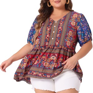 Agnes Orinda Women's Plus Size Boho Floral Print V Neck Short Sleeve Summer Peplum Blouses - 1 of 4
