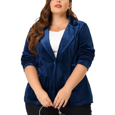 Agnes Orinda Women's Plus Size Velvet Vintage Evening Sparkle Button  Contrast Notched Lapel Suit Blazers Navy Blue 4X