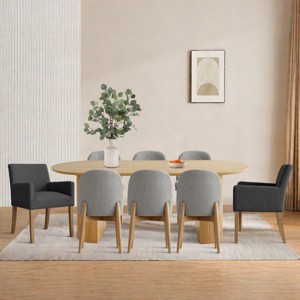 7-piece Dining Room Table Set, Oak Oval Table with 6 Linen Fabric Dining Chair and 2 Captain's Chair with Solid Wood Legs, Dining Room- Maison Boucle - 1 of 4