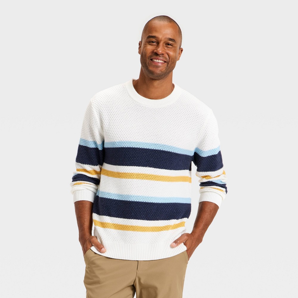Men's Textured Crewneck Sweater - Goodfellow & Co™ Cream/Navy/Gold Striped L