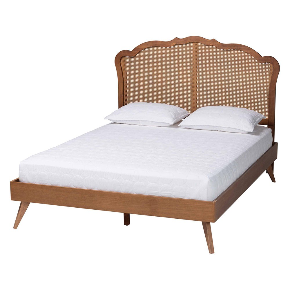 Photos - Bed Baxton Studio Queen Aithan Wood and Rattan Platform  Walnut Brown