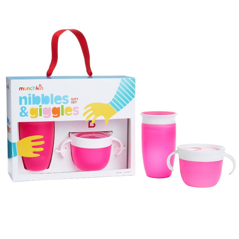 Munchkin Nibbles &#38; Giggles Toddler Miracle Cup And Snack Catcher Feeding Gift Set - Pink - 10oz, 1 of 8