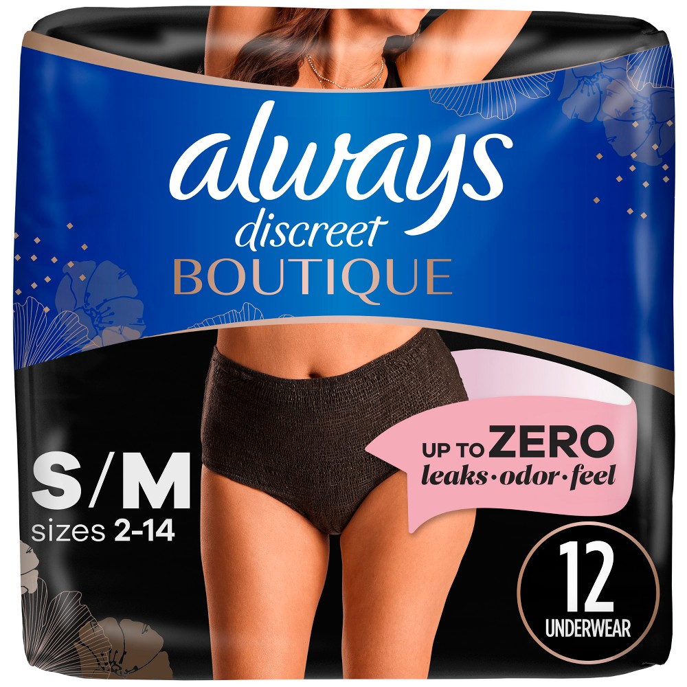 Always Discreet Boutique Adult Postpartum Incontinence Underwear for Women - Black - S/M - 12ct