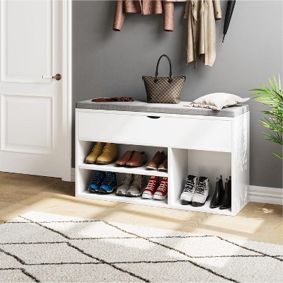 Shoe Bench with Padded Cushion, Shoe Storage Bench with 2 Tier Open Shoe Shelf