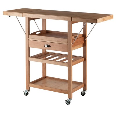 Natural Bamboo Drop Leaf Kitchen Cart with Wine Rack