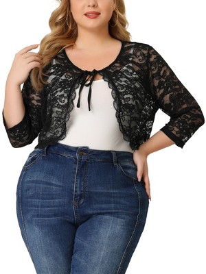 Agnes Orinda Women's Plus Size Shrug 3/4 Sleeves Lace Tie Neck Crop Bolero Cardigan