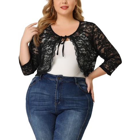 Agnes Orinda Women's Plus Size Shrug 3/4 Sleeves Lace Tie Neck