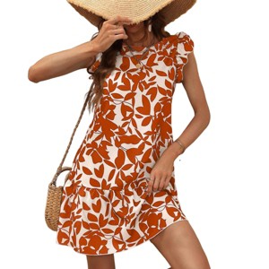 Causal Summer Dress Floral Ruffle A-Line Dress with Keyhole Back Floral Beach Sundress with Flounce Hem Summer Round Neck Mini Dress - 1 of 4