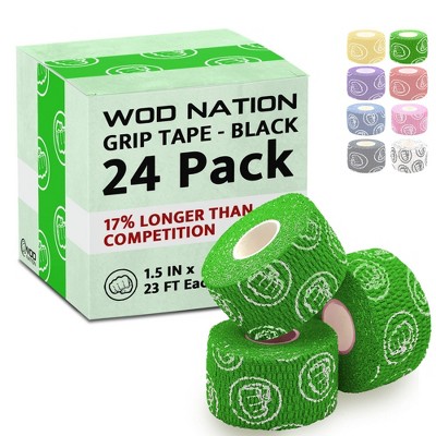 WOD Nation Bulk 24-Pack Weightlifting Hook Grip Tape, Comfortable & Stretchy Athletic Thumb Tape for Exercise (23ft/Roll)- Green