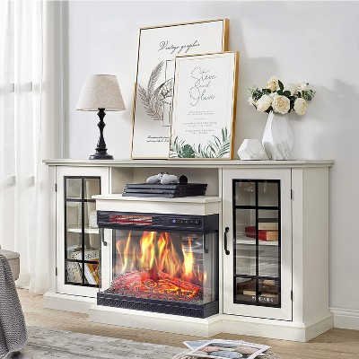 AMERLIFE 3-Sided Glass Fireplace TV Stand with LED Lights
