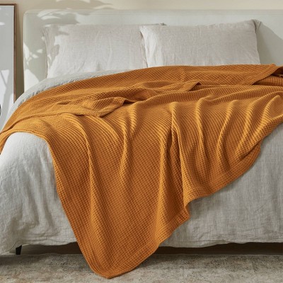 King Size Waffle Weave Cotton Knitted Blanket in Mustard