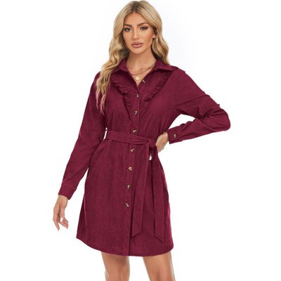 Coolmee Womens Ruffled Lapel V Neck Long Sleeve Button Waist Tie Wrap Mini Dress With Pocket Work Corduroy Dress