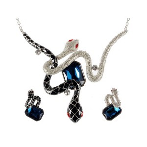 Anna-Kaci Women's Statement Snake Necklace and Earring Set with Blue Crystal Accents, Black and Silver Tone, Adjustable Chain, Bold Design - Snake - 1 of 4