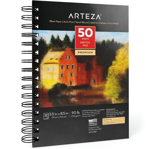 Arteza Black Sketch Pad, 5.5x8.5, 50 Sheets (90lb/150gsm), Spiral