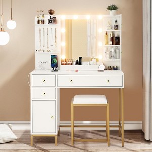 Vanity Desk Set with Stool Mirror Lights 3 Color Lighting Dressing Table Makeup Station Charging Ports Large Beauty Desk for Bedroom Vanity Area - 1 of 4