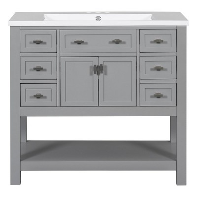36" Modern Minimalist Style Bathroom Vanity with Soft Close Doors and 6 Storage Drawers - Grey Color (Basin Sink Not Included)