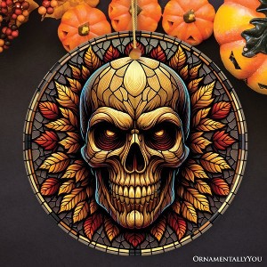 Spine-Chilling Haunting Skull Stained Glass Style Ceramic Ornament, Halloween Themed Christmas Gift and Decor| OrnamentallyYou - 1 of 4