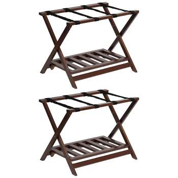 PJ Wood Portable Hotel Style Solid Wooden Folding Luggage Rack with Bottom Shoe Storage Shelf for House Guests or Travel, Walnut (2 Pack)