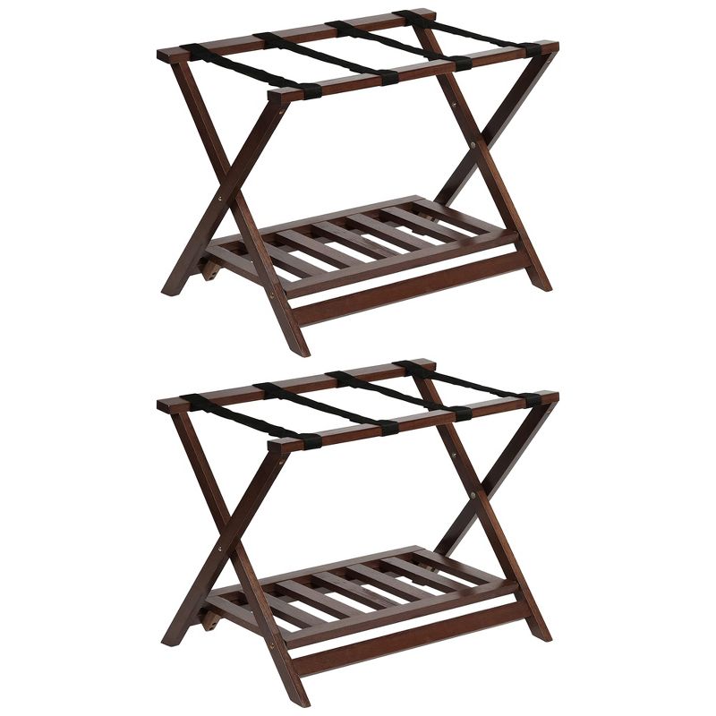 PJ Wood Portable Hotel Style Solid Wooden Folding Luggage Rack with Bottom Shoe Storage Shelf for House Guests or Travel, Walnut (2 Pack), 1 of 7