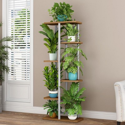 GustoWave 5-8 Tier Corner Tall Indoor Outdoor Plant Shelf Metal & Wood Multi-Tier Plant Shelf Rack, Heavy Duty Flower Pot Stand Display Rack