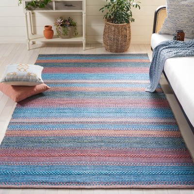 Handwoven Blue and Orange Wool Cotton Area Rug 3x5