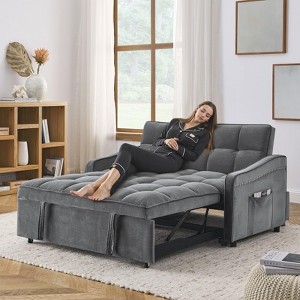 TiranisuBest 3-in-1 Convertible Sleeper Beige Sofa Bed, Velvet Futon Couch with Adjustable Backrest, Side Pocket & Pull-Out Function for Living Room - 1 of 4