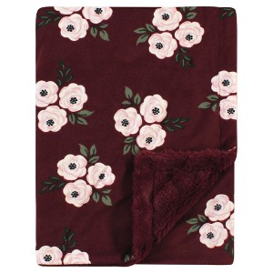 Hudson Baby Infant Girl Plush Blanket with Furry Binding and Back, Burgundy Floral, One Size - 1 of 2