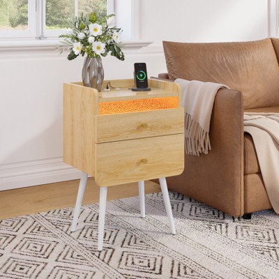 Pinmoco LED Nightstand with Two Drawers, End Table Bedside Table with Charging Station for Bedroom