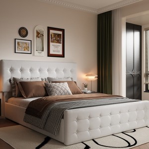 Bed Frame with 4 Storage Drawers, Linen Upholstered Platform Bed Frame with Wooden Slats Support, Button Tufted Design - 1 of 4