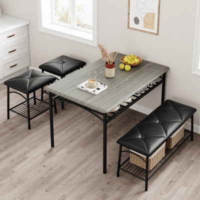 Square Dining Table Set for 4 with Wood Tabletop, 2 Upholstered Chairs & Bench, Heavy-Duty Metal Frame, Storage Dinette Set for Dining Room