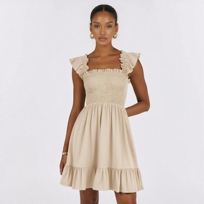 Knit & Lounge Women’s Smocked Mini Dress Ruffle Shoulder Square Neck Flowy Hem Soft Lightweight Fabric