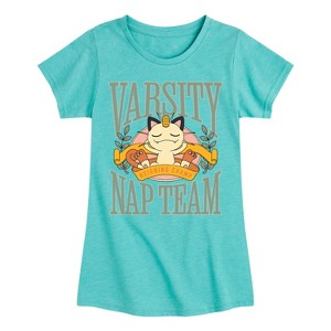Girls' - Pokémon - Meowth Varsity Nap Team Fitted Short Sleeve Graphic T-Shirt - 1 of 4