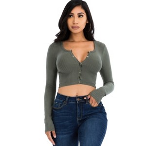 Slickblue Women's Ribbed Long Sleeve Crop Top, Snap Button Front Fitted Tee, 8 Color Options, Size S-L - 1 of 4