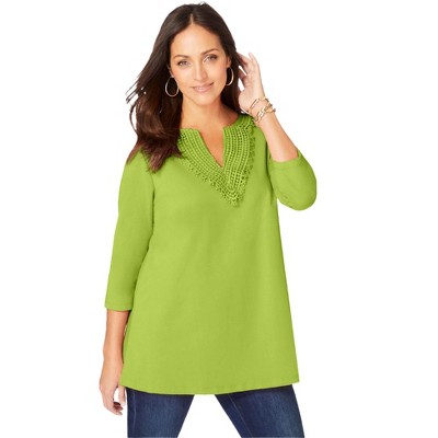 Jessica London Women's Plus Size Stretch Cotton Crochet Notch Neck Tunic